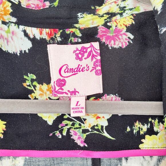 Candies Blazer Jrs Large Black Floral Open Front Unstructured Feminine Hipster - Picture 9 of 11